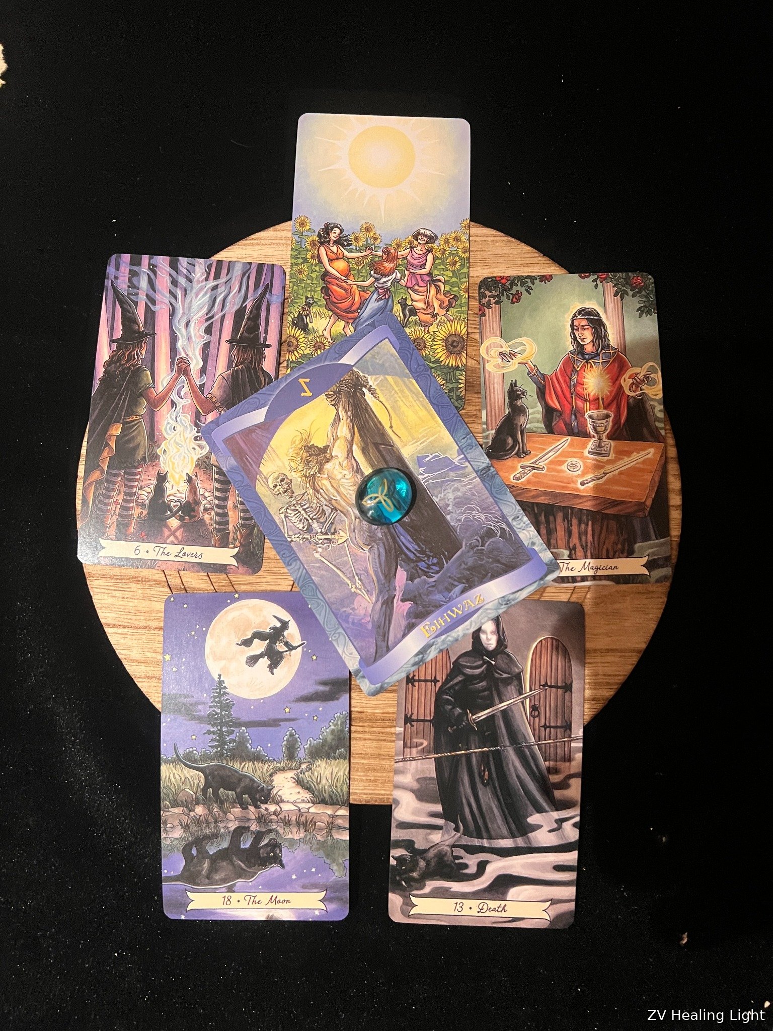 Solar working and tarot spread on circular board